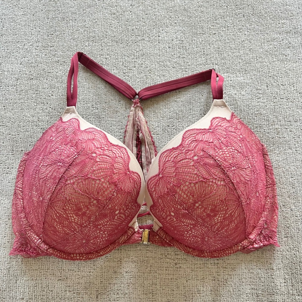 Victorias Secret Very Sexy Push-Up Bra 36DD Pink Lace Racerback Front Close NWT